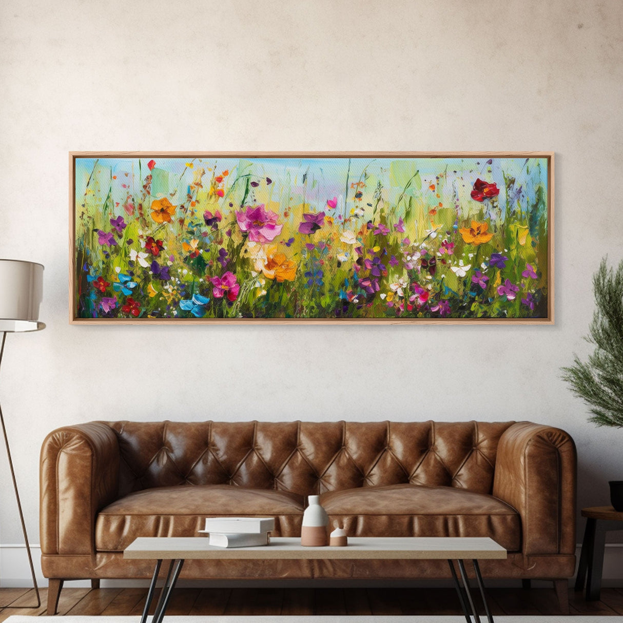 Framed Canvas Print of Original painting, Large wall art, Boho wall décor, Flower painting, Home decor, Modern art, Bedroom decor, Panoramic