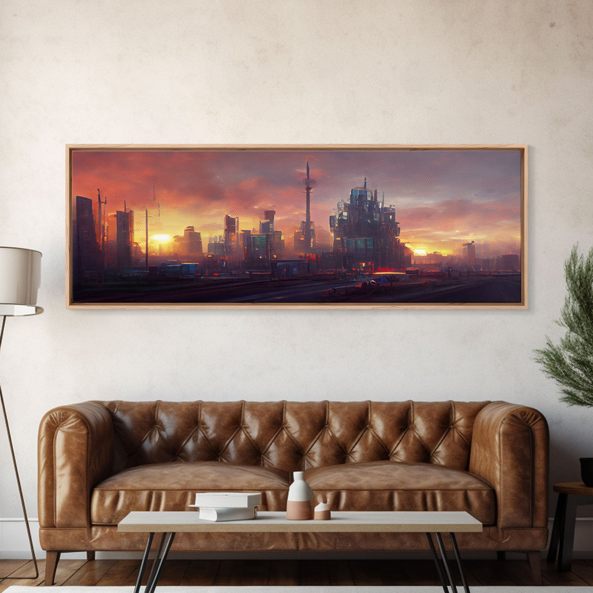 Cyberpunk City, Night City Watercolor, Ready To Hang Canvas Print, Panoramic, Videogame Concept Art, Watercolor Painting Of a Cyberpunk City