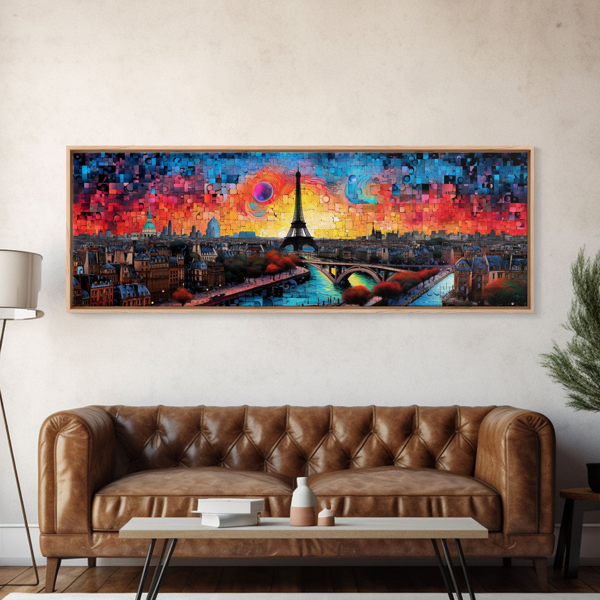 Jigsaw Abstract Paris France Panoramic Framed Canvas Print, Van Gogh Inspired Original Painting, Colorful Wall Art