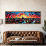 Jigsaw Abstract Paris France Panoramic Framed Canvas Print, Van Gogh Inspired Original Painting, Colorful Wall Art