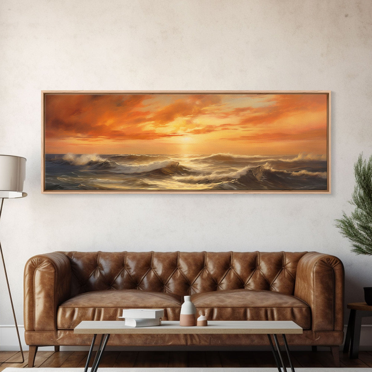 Framed Wall Art Print Set Sunset Horizon on Beach Shore Nature Ocean Oil Painting Nautical Scenic Colorful Multicolor Ultra