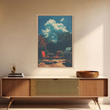 Back Yard Chillin', Summer Vibes, Framed Canvas Print, Retro Midcentury Modern BBQ Art, BBQ During An Eclipse, Liminal Art, Minimalist MCM