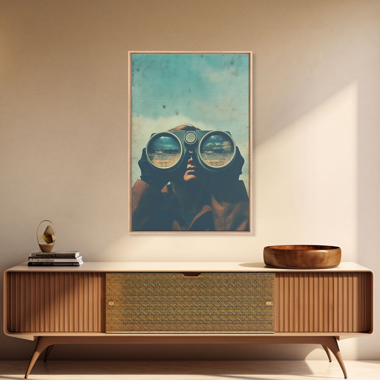 The Spy, Atomic Age Binoculars, Framed Canvas Print, Vaporwave Photography Print, Retro / Minimalist Wall Art
