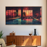 Midcentury Modern Wall Art, Framed Canvas Print, Retro MCM Decor, Minimalist Decor, Sunset Over An Indoor Pool, Eclectic Architecture Art