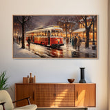 Retro Red Trolley Car Decorated For Christmas, Framed Canvas Print, Christmas Wall Art, Christmas Decor Mom Christmas Gift Christmas Village
