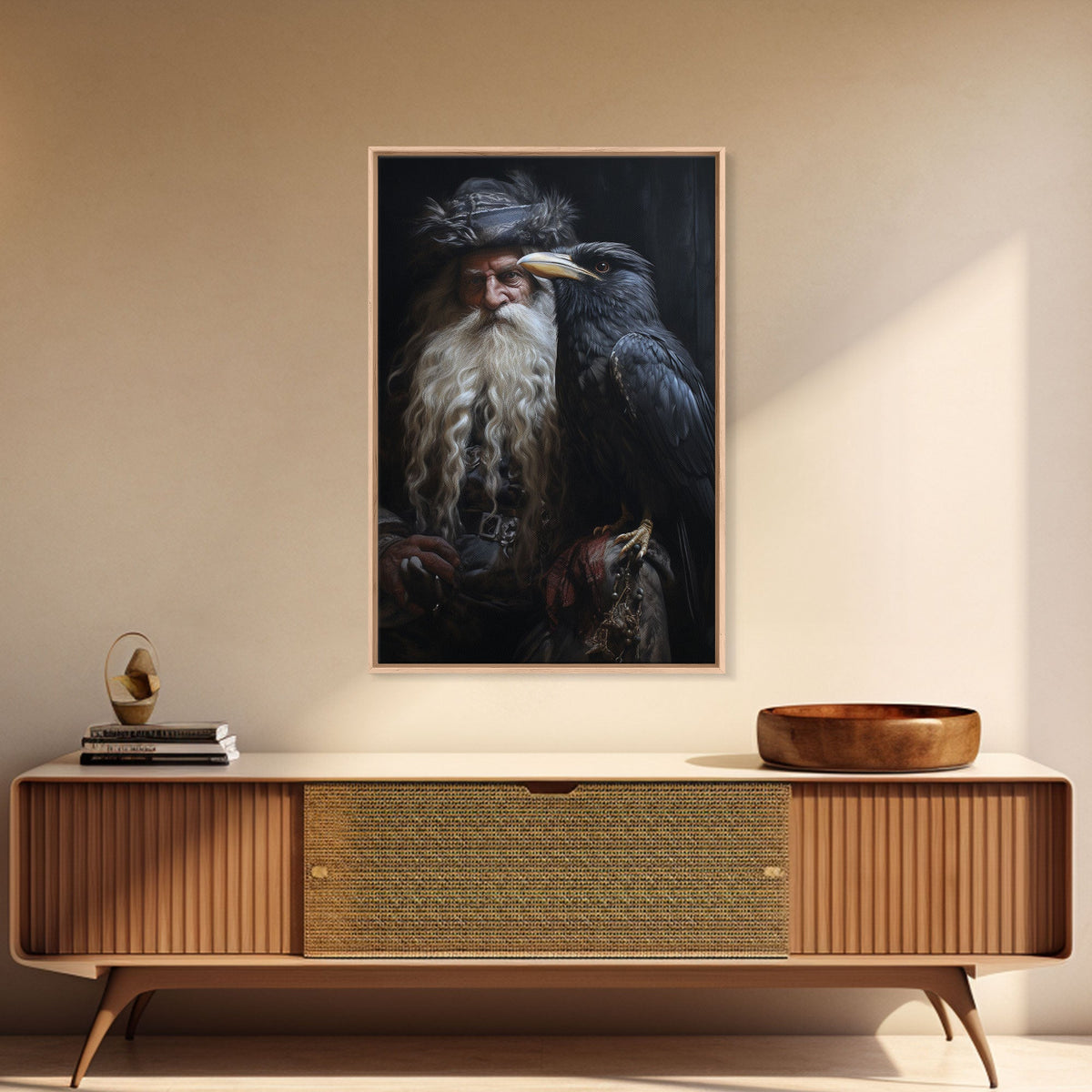 Gothic Santa and his Raven, Framed Canvas Print, Christmas Decor, Farmhouse Christmas, Gothic Christmas, Santa Art Print, Crow Print
