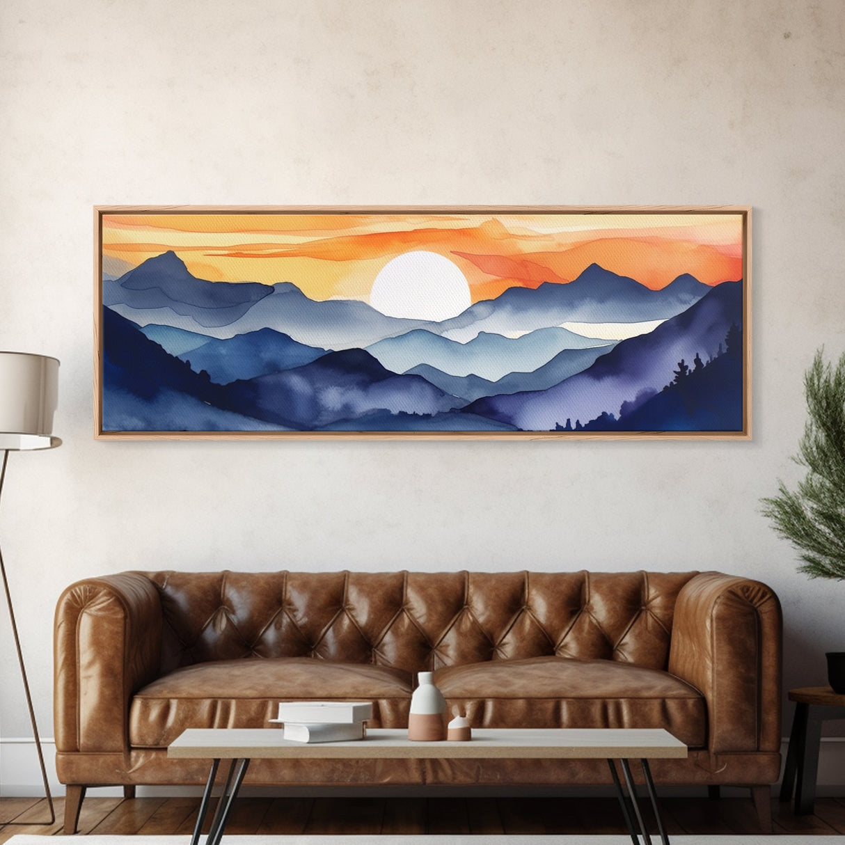 Midcentury Modern Watercolor Painting of a Mountain Sunset, Large Canvas Print, Mountain Artwork, Guest Room Art, Mountain Print, Panoramic