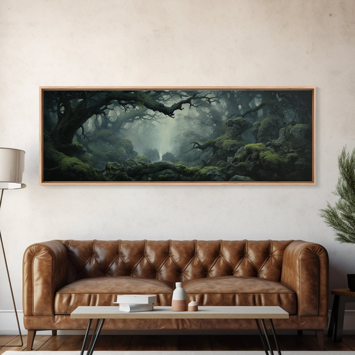 In The Forest - Ready To Hang Panoramic Foggy Pine Forest Canvas Wall Art, Nature Wall Art, Misty Green Forest Print, Modern Home Decor