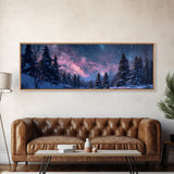 Starry Night Northern Lights, Framed Canvas Print, Beautiful Night Sky Over A Snow Capped Forest, Winter Landscape Painting, Purple Skies