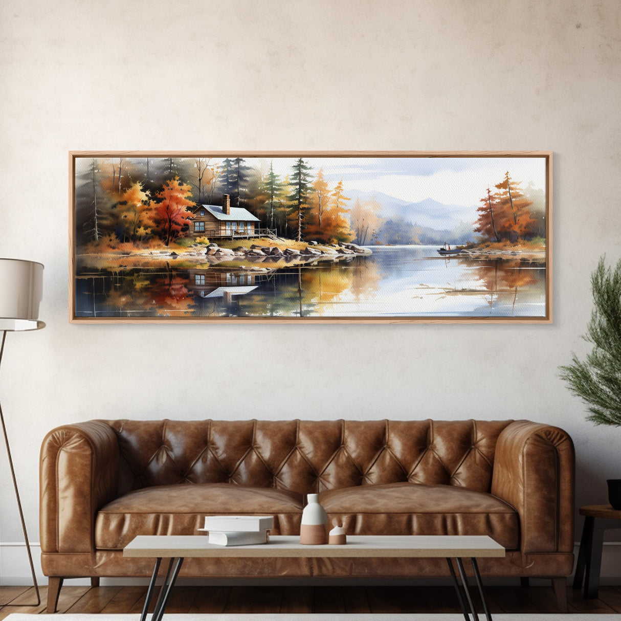 Rustic Lake Cabin at Dusk Watercolor Painting | Peaceful Wilderness Landscape Canvas Print | Modern Country Decor and Nature Lovers