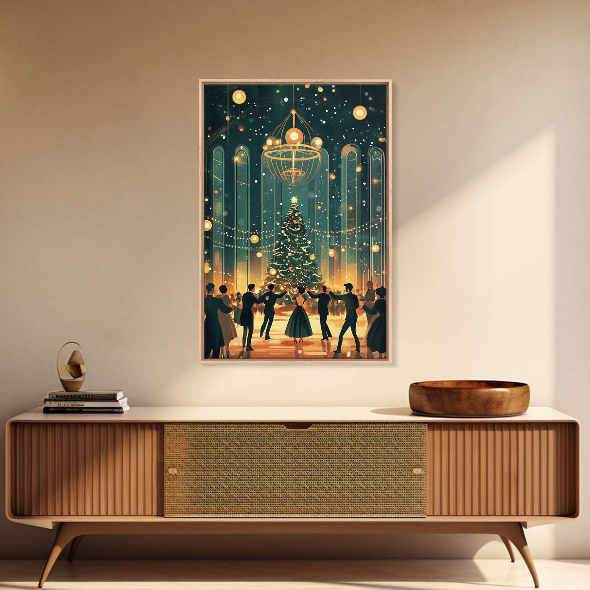 Elegant Ballroom Christmas Dance Scene with Holiday Lights and Decorations, Perfect Holiday Decor for Winter Wonderland, Framed Canvas Print