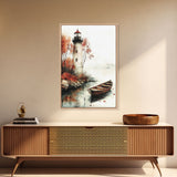 Lighthouse In The Fall, Framed Canvas Print, Fall Decor, Autumn Centerpiece Art, Boho Minimalist Style Wall Art