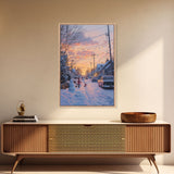 Cozy Neighborhood Christmas Evening with Snowmen and Festive Lights, Perfect for Framed Canvas Print and Holiday Wall Art
