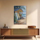 The Surf Shack at Christmas, Surfboard Art, Surfer Christmas Wall Decor, Framed Canvas Print, Cute Christmas Wall Art / Gift Idea