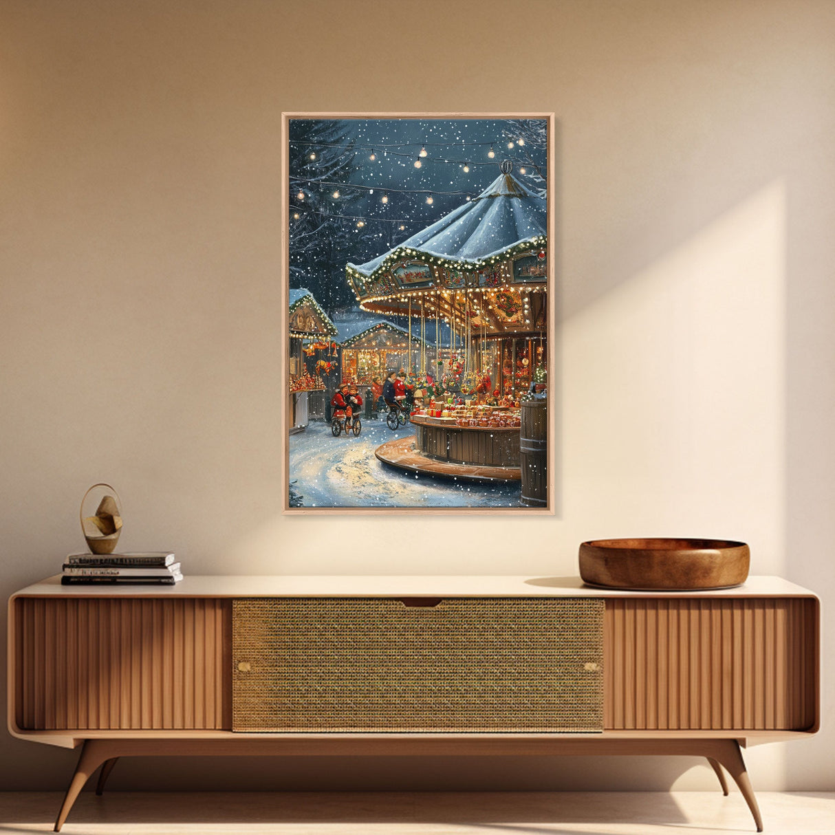Christmas Carousel at a Snowy Night Market with Festive Lights and Ornaments, Framed Canvas Print for Christmas Wall Decor