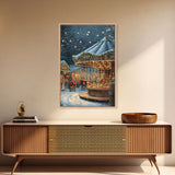 Christmas Carousel at a Snowy Night Market with Festive Lights and Ornaments, Framed Canvas Print for Christmas Wall Decor