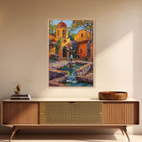 Mexican Style Framed Canvas Print Tall Art Vibrant Outdoor Fountain Scene With Colorful Architecture