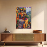 Framed Canvas Print Tall Art Mexican Style Scenic Steps Lined With Colorful Flowers And Architecture