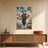 Cowboy Christmas Decor Framed Canvas Print with Pumpkin in Snow, Rustic Holiday Home Wall Art and Seasonal Gift Idea 2024