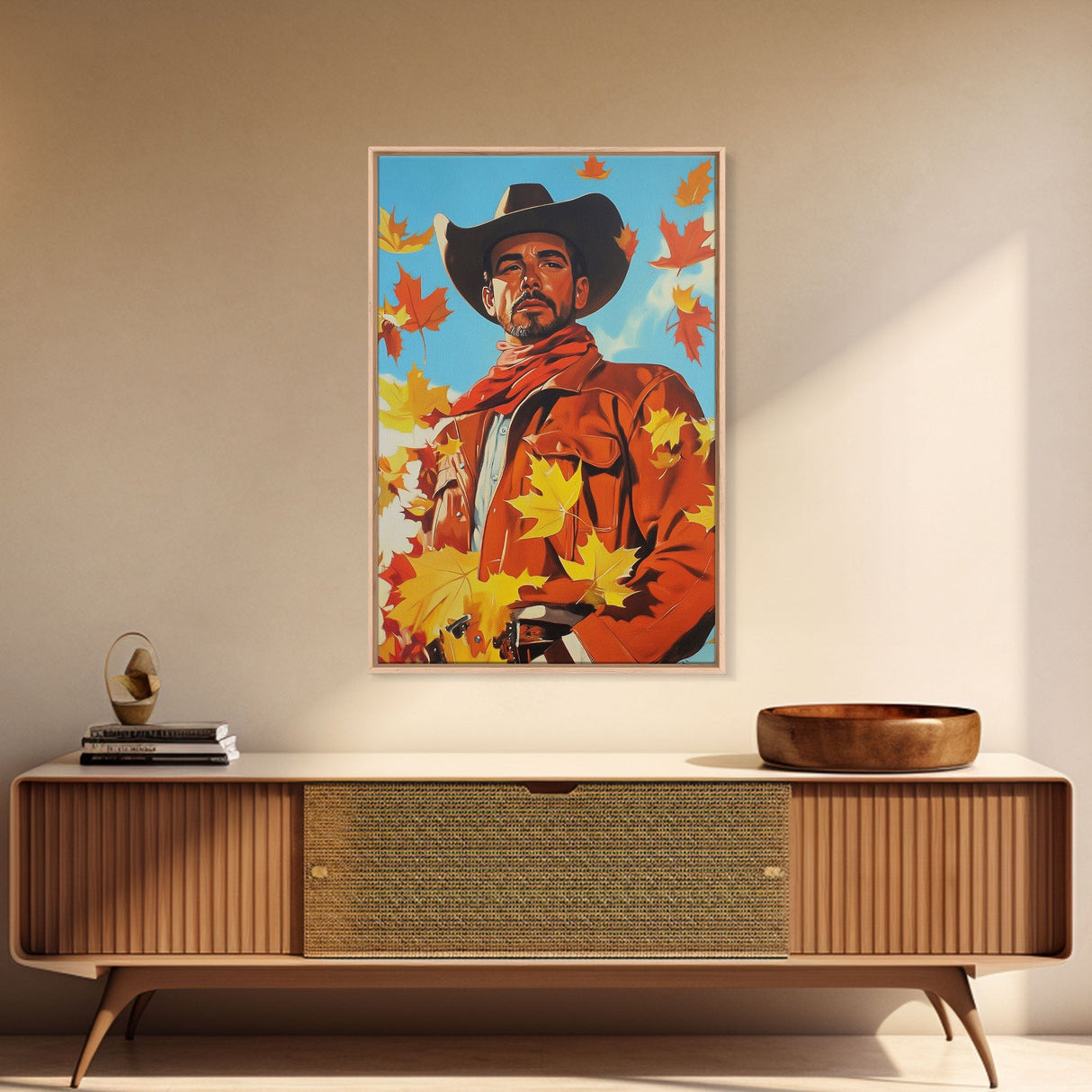 Autumn Cowboy Holiday Decor Framed Canvas Print with Leaves, Colorful Seasonal Wall Art Gift Idea 2024
