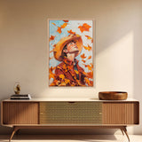 Cowboy Fall Decor Canvas Print with Windblown Leaves, Rustic Farmhouse Autumn Holiday Wall Art Seasonal Gift Idea 2024