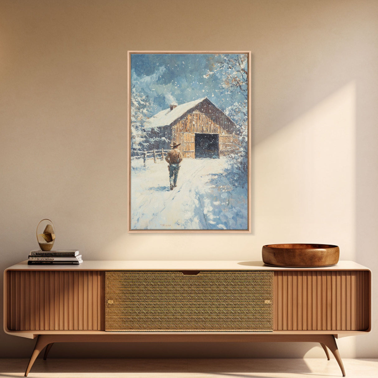 Cowboy Walking in Snow Scene Framed Canvas Print - Moody Landscape Art for Winter Home Decor 2024 Rustic Winter Wall Art