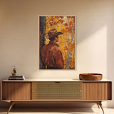 Cowboy in Autumn Forest Framed Canvas Print - Rustic Fall Wall Art Perfect Gift Idea 2024 Country Decor - Moody Landscape Art