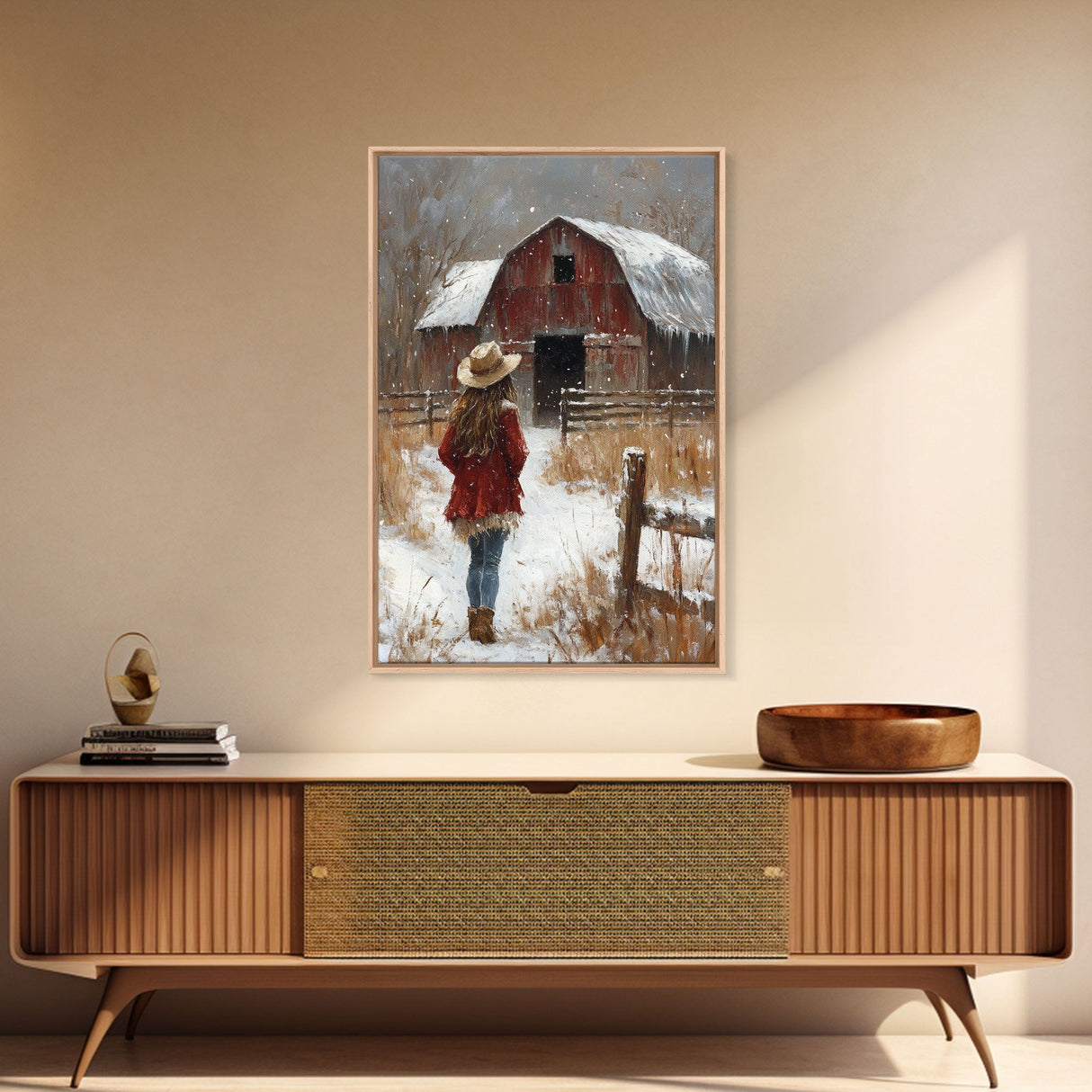 Country Girl with Falling Leaves Canvas Print, Autumn Wall Art, Farmhouse Holiday Decor, Fall Decor, Trendy Wall Art, Framed Canvas Print