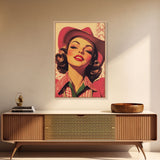 Retro 50s Style Cowgirl Wall Art, Framed Canvas, Vintage Style 50s Art, Fall or Christmas Wall Art