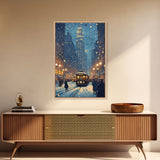Snowy Winter City Scene Holiday Lights Framed Canvas Print Christmas Wall Art Urban Christmas Decor Holiday Gift Christmas Tree Art Gift