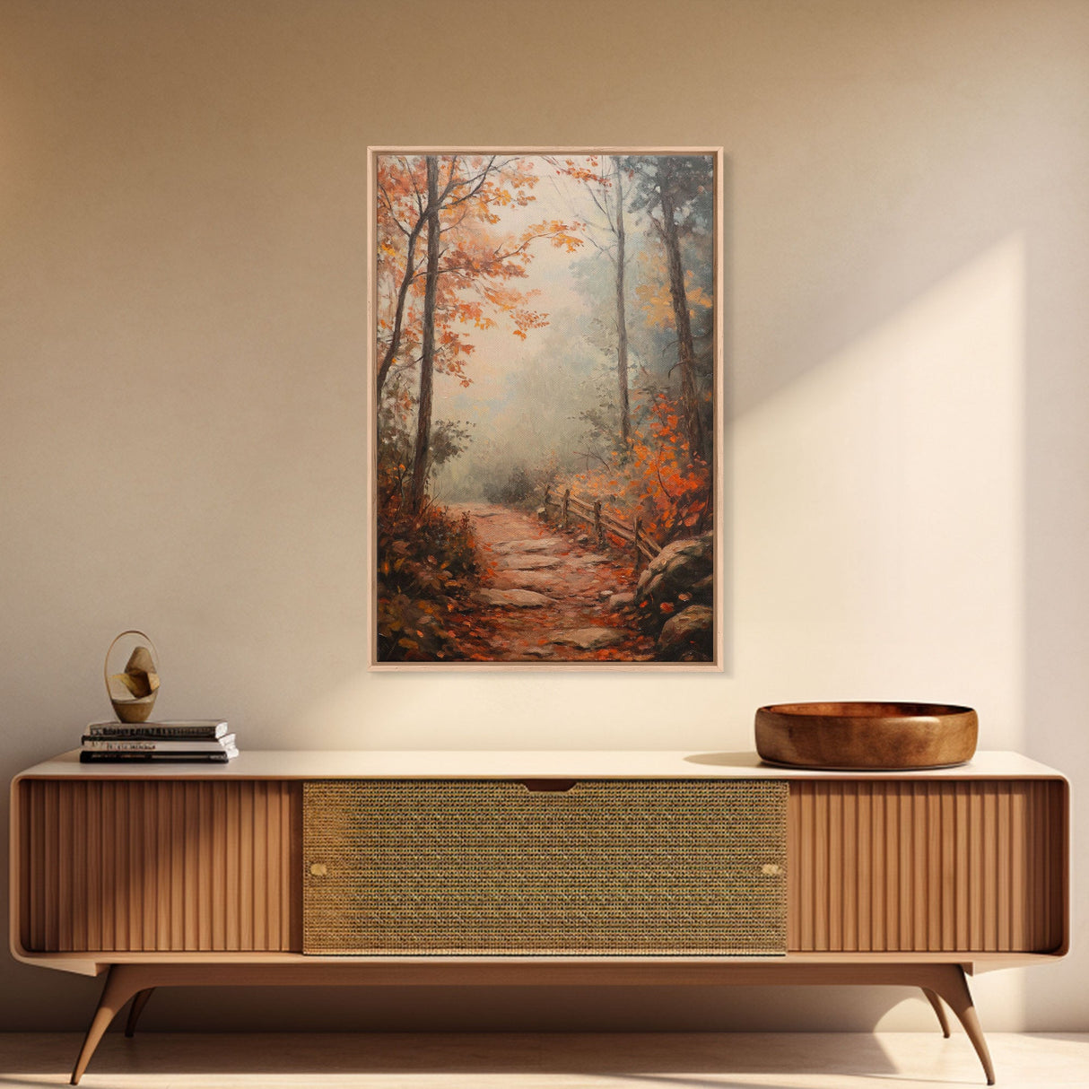 Framed Canvas Print of a Fall Path with Fence and Trees, Autumn Wall Art, Rustic Country Decor, Best Gift Idea, Modern Farmhouse Fall Decor