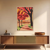 Canvas Print of City Park with Autumn Trees and Path, Seasonal Wall Art, Modern Farmhouse Decor, Best Gift Idea, Fall Cityscape Art
