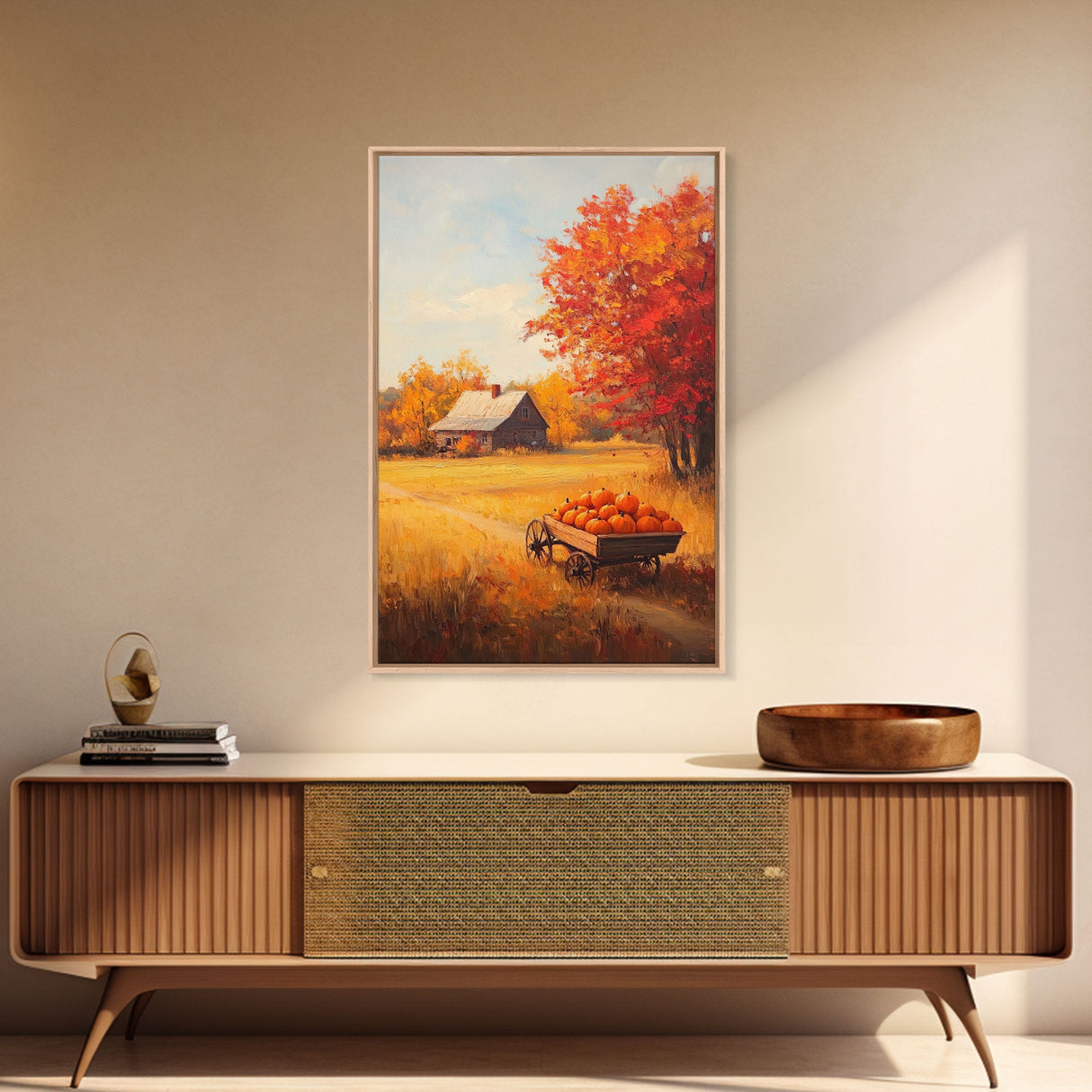 Pumpkin Cart In Fall Field Framed Canvas Print Rustic Autumn Country Farmhouse Decor Perfect Seasonal Art For Farmhouse Christmas Wall Art