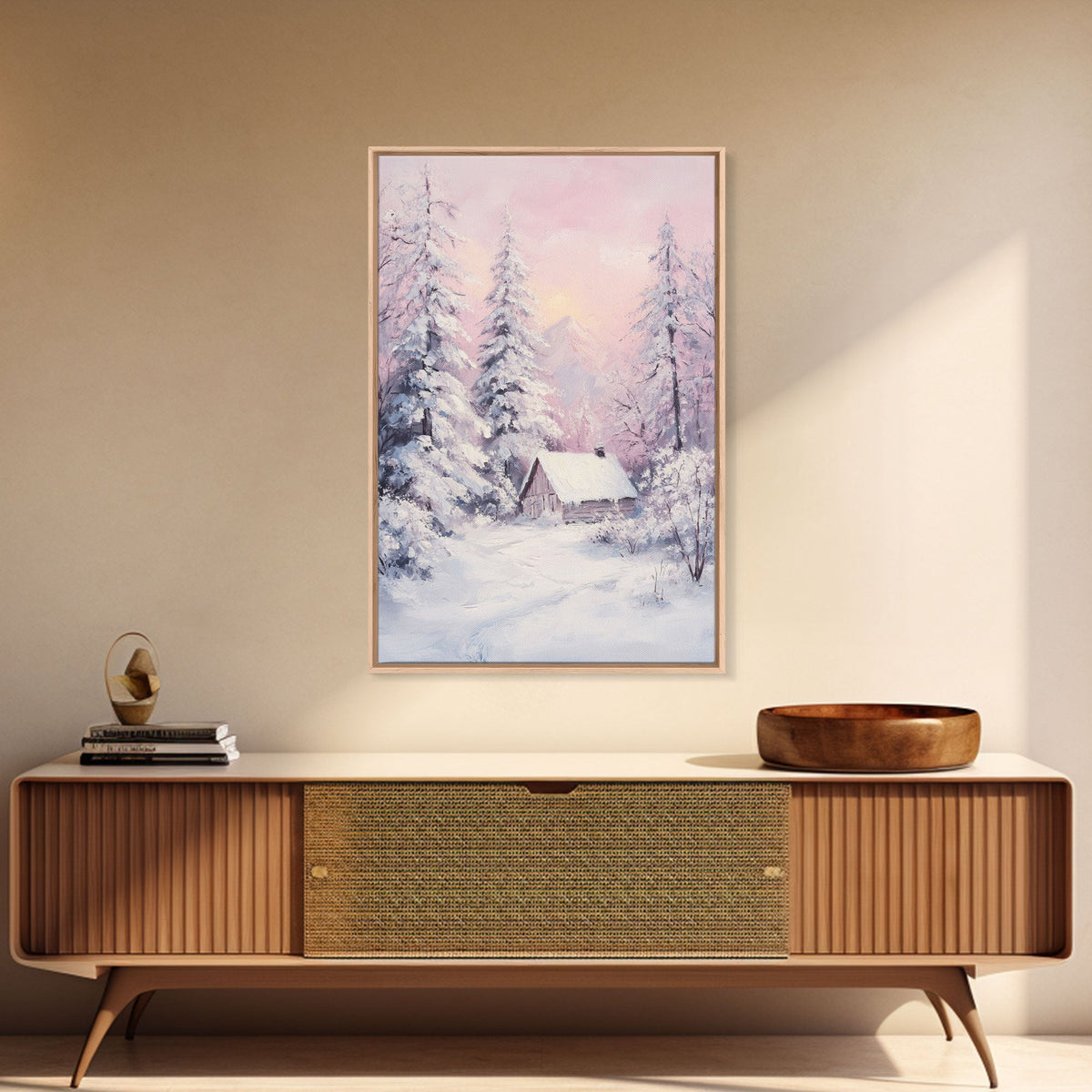 Pink Snowy Cabin Landscape Framed Canvas Print Wall Art Winter Wonderland Decor, Christmas Art Gift, Rustic Winter Scene Art