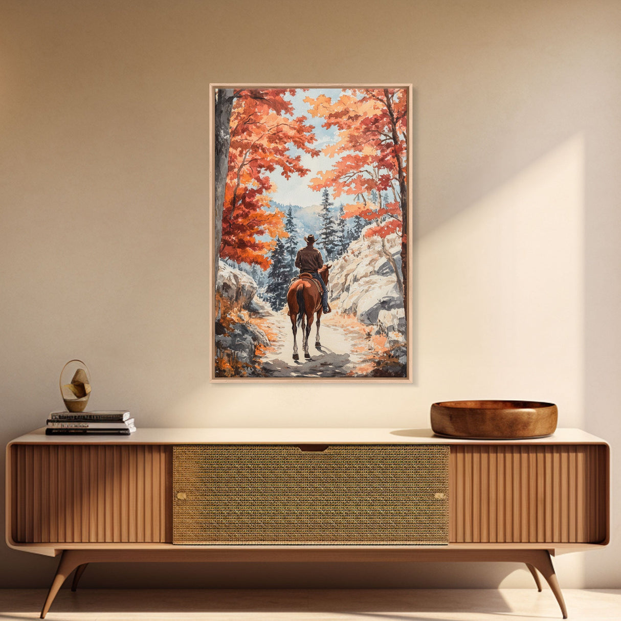 Cowboy riding through autumn forest, Framed Canvas Print, fall landscape wall art, western style decor for cozy homes, perfect gift idea