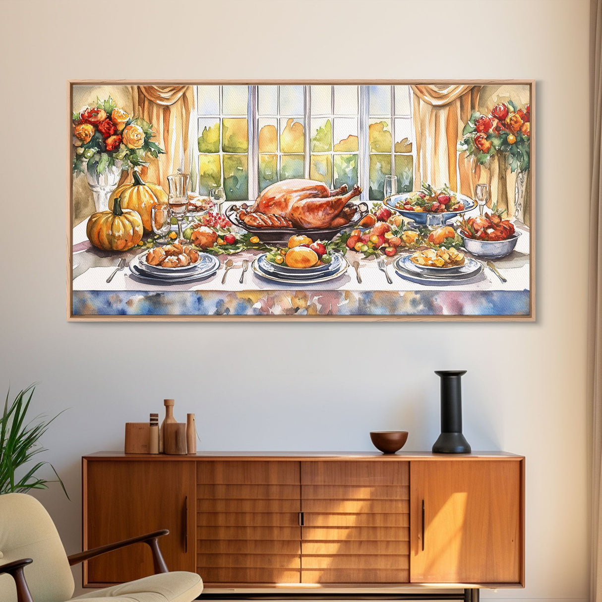 Framed Canvas Print Autumn Thanksgiving Dinner Table Art with Pumpkins, Perfect Fall Home Decor, Seasonal Wall Art, and Gallery Wall Piece