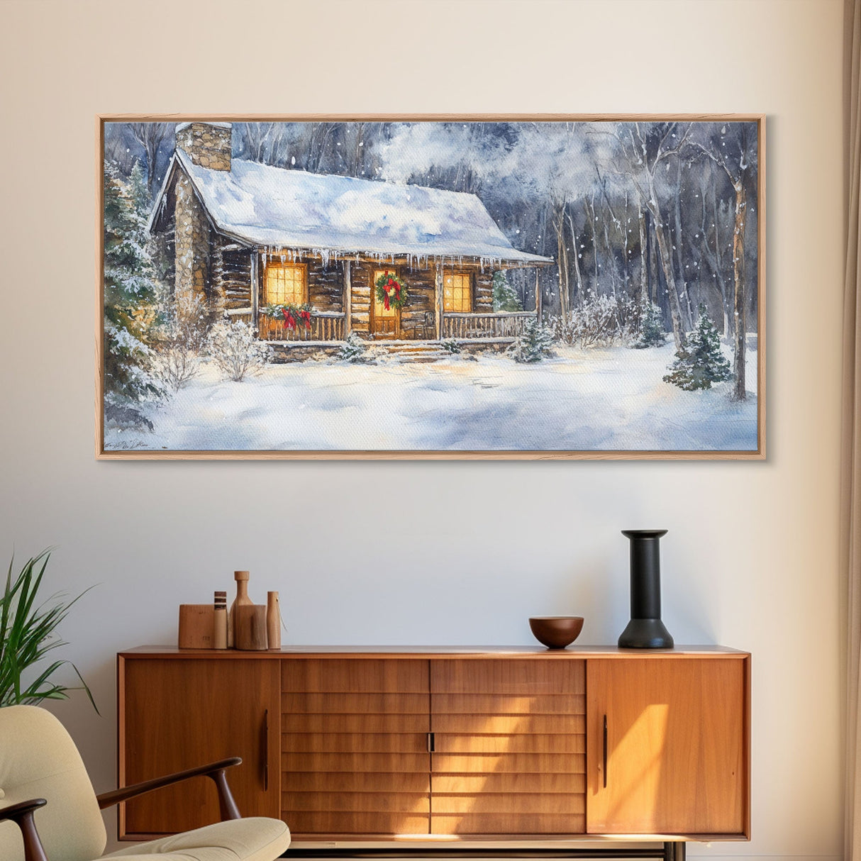 Snowy cabin Christmas decor, winter wonderland wall art, rustic farmhouse Christmas print, cozy country home decor, framed canvas print