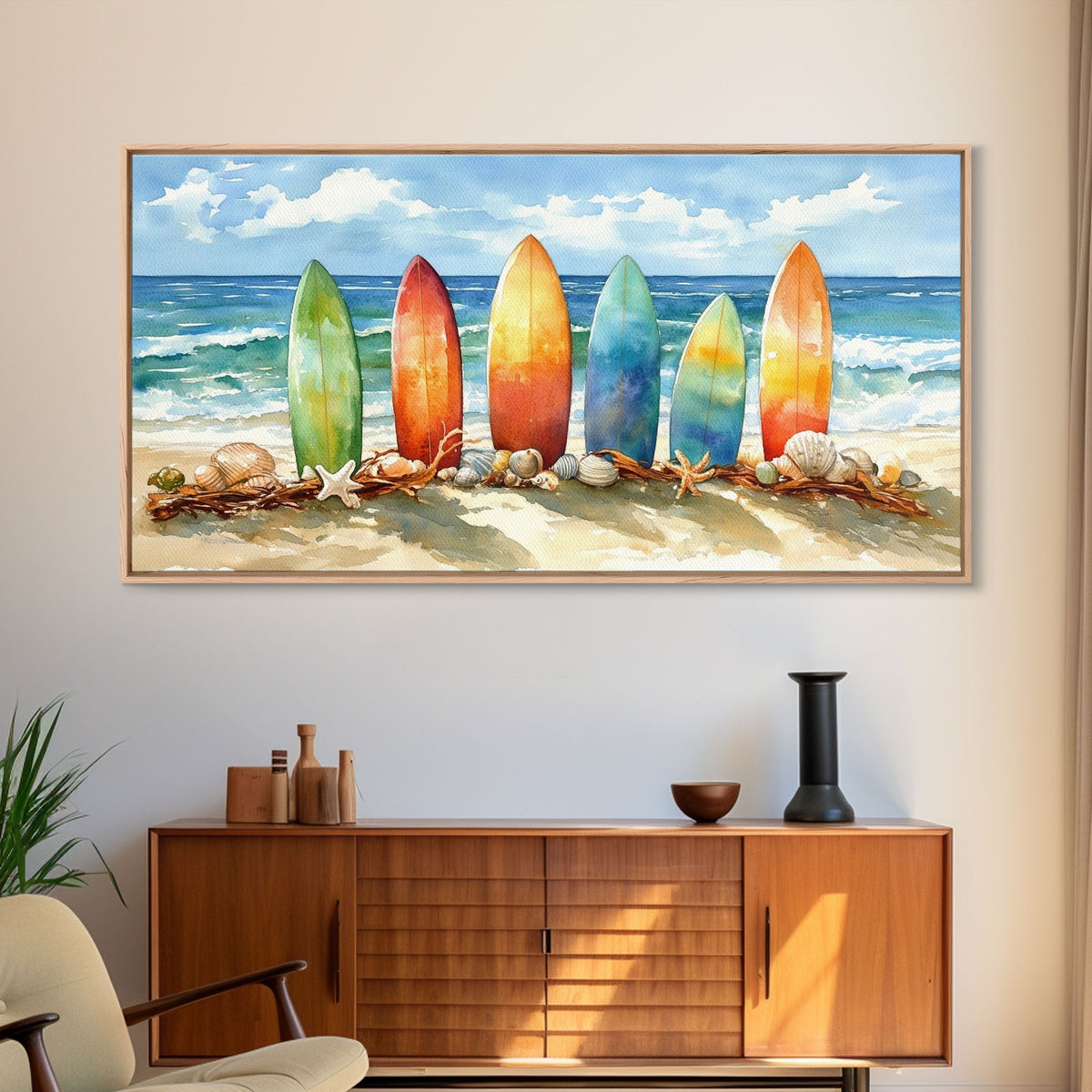 Colorful surfboards Christmas wall art, beach holiday decor, coastal Christmas art, framed canvas print, tropical Christmas art gift