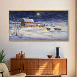 Horse and Barn in Snowy Christmas Scene, Framed Canvas Print, Winter Christmas Decor, Farmhouse Christmas, Rustic Holiday Art, Wall Art