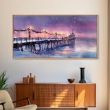 Snow-Covered Pier at Dusk with Christmas Lights, Framed Canvas Print, Coastal Holiday Decor, Winter Wonderland, Nautical Christmas Wall Art