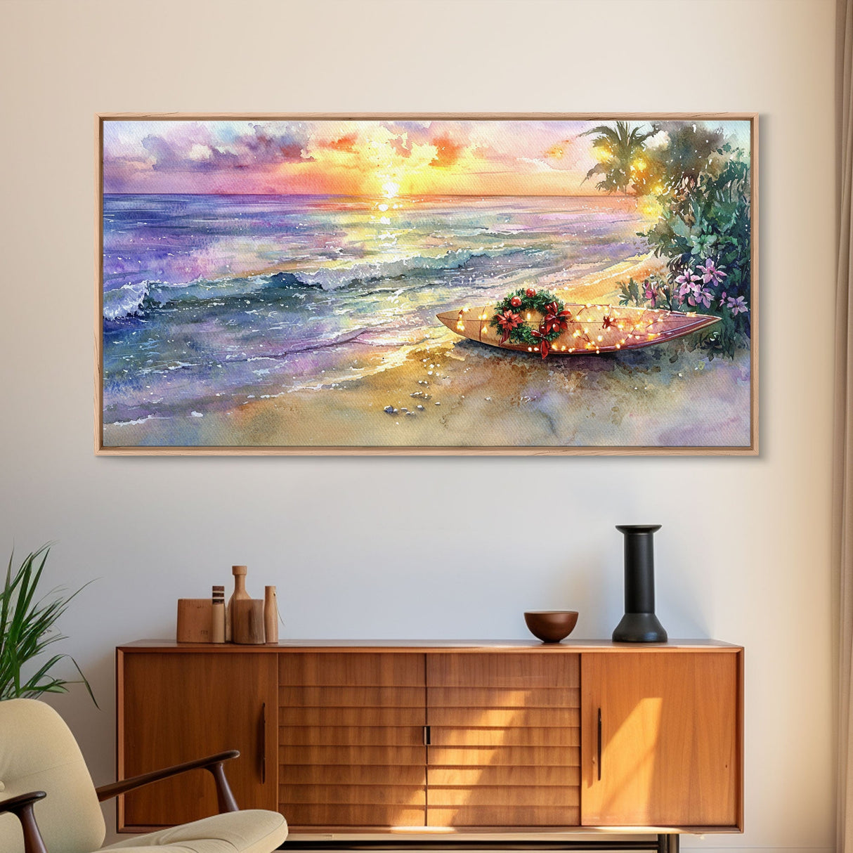 Christmas Surfboard Beach Decor Canvas Print | Tropical Coastal Christmas Art | Beach Christmas Wall Art | 2024 Holiday Decor | Gift Idea
