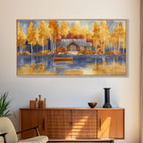 Lakeside cabin in autumn, framed canvas print, cozy fall decor, rustic cabin home decor, fall landscape wall art, perfect autumn gift idea