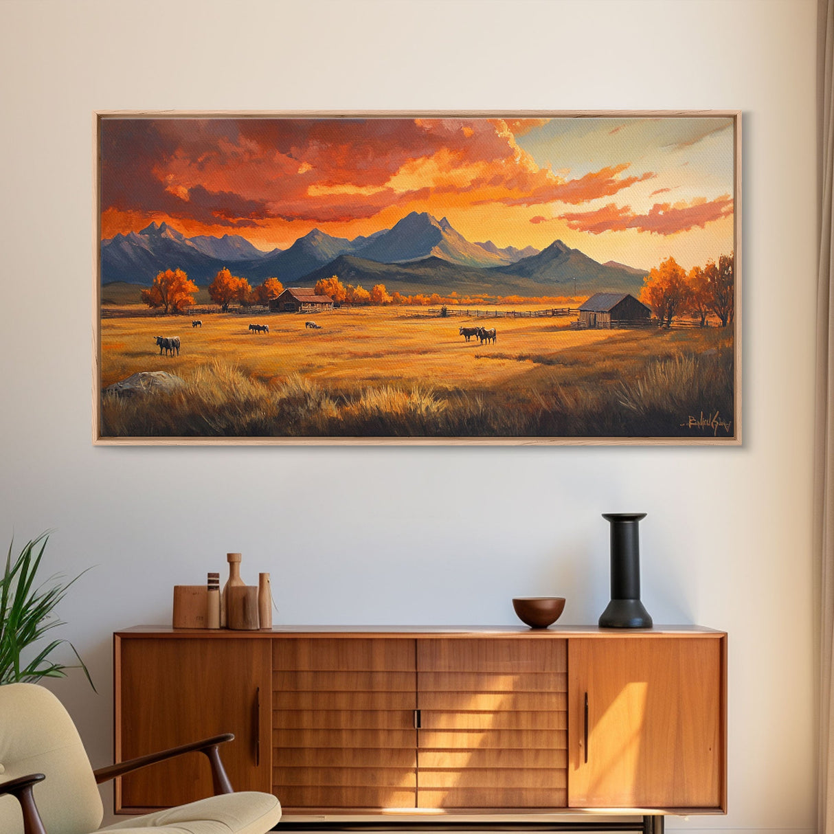 Fall Sunset Framed Canvas Print Scenic Ranch Landscape Art Autumn Wall Decor Ideal Holiday Home Decor and Gift for Farmhouse Style