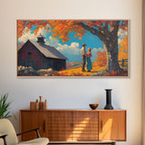Our First House, Framed Canvas Print, Cowboy & Cowgirl In Love, Fall Landscape Western Art Wall Decor Seasonal Wall Art