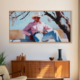 Autumn-themed portrait Framed Canvas Print of a woman in a cowboy hat holding a cup of coffee, surrounded by fall leaves, cozy fall decor