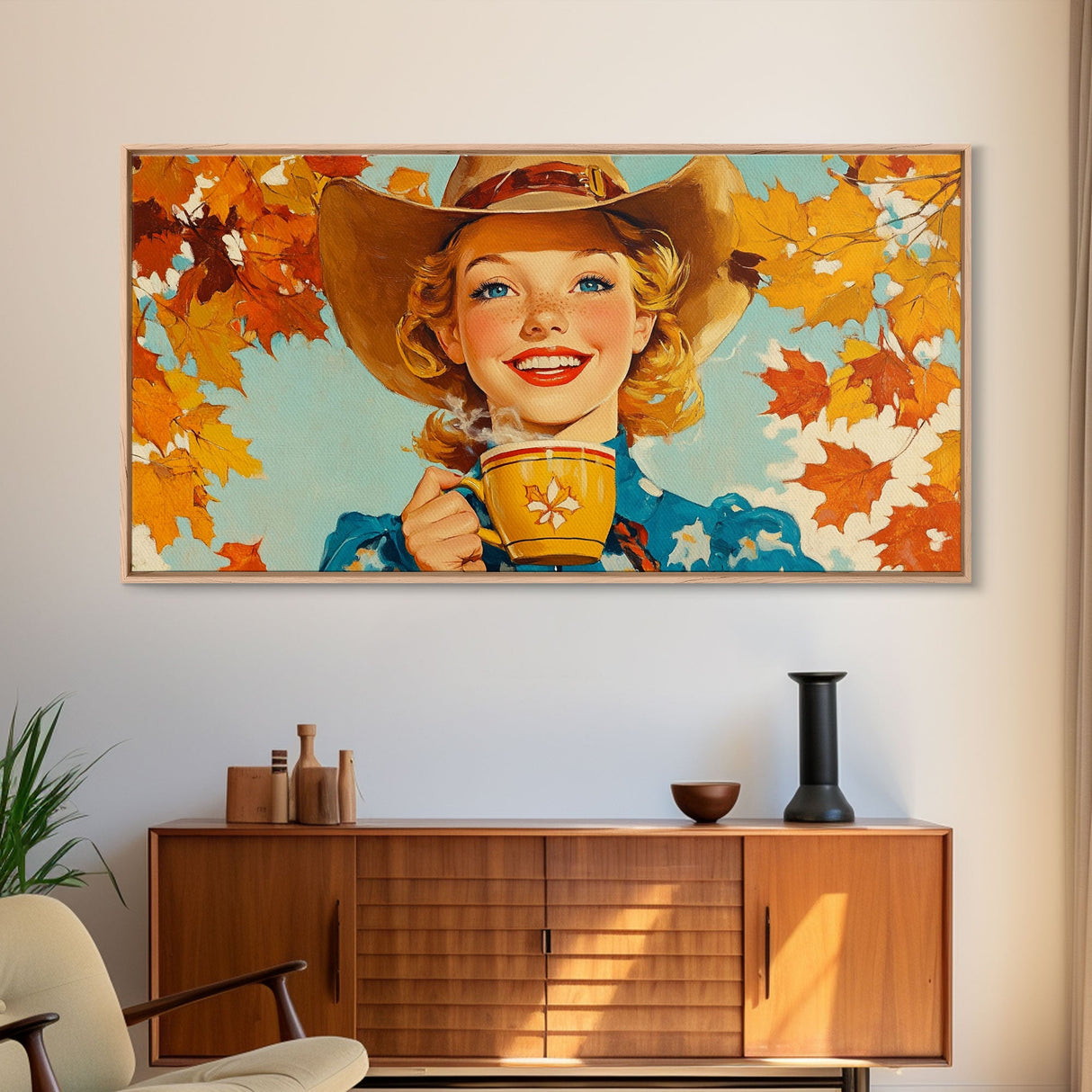 Happy Cowgirl Enjoying Hot Cocoa, Framed Canvas Print, Cute Fall Decor, Rustic Farmhouse Wall Art, Retro Style Trendy Autumn Decor