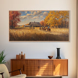 Horseback Riders In Autumn Near Barn, Rustic Fall Wall Art, Cozy Farmhouse Decor Framed Canvas Print, Harvest Time Country Art