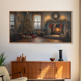 Traditional Christmas Living Room Framed Canvas Print with Tree and Stockings, Rustic Christmas Decor, Best Holiday Gift Wall Art