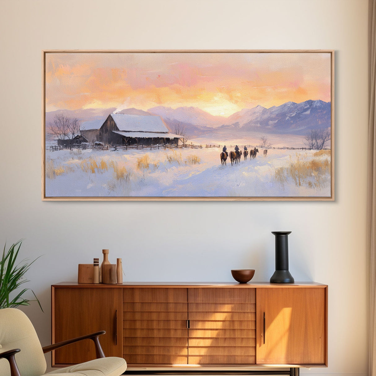 Snowy Farmhouse Sunset Framed Canvas Print, Winter Mountain Landscape Art, Rustic Country Christmas Decor, Best Winter Wall Art Gift