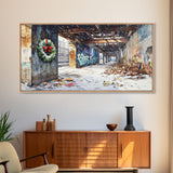 Rustic Urban Wreath Holiday Decor Framed Canvas Print, Christmas Scene with Snowfall and Graffiti Wall Perfect Holiday Wall Art